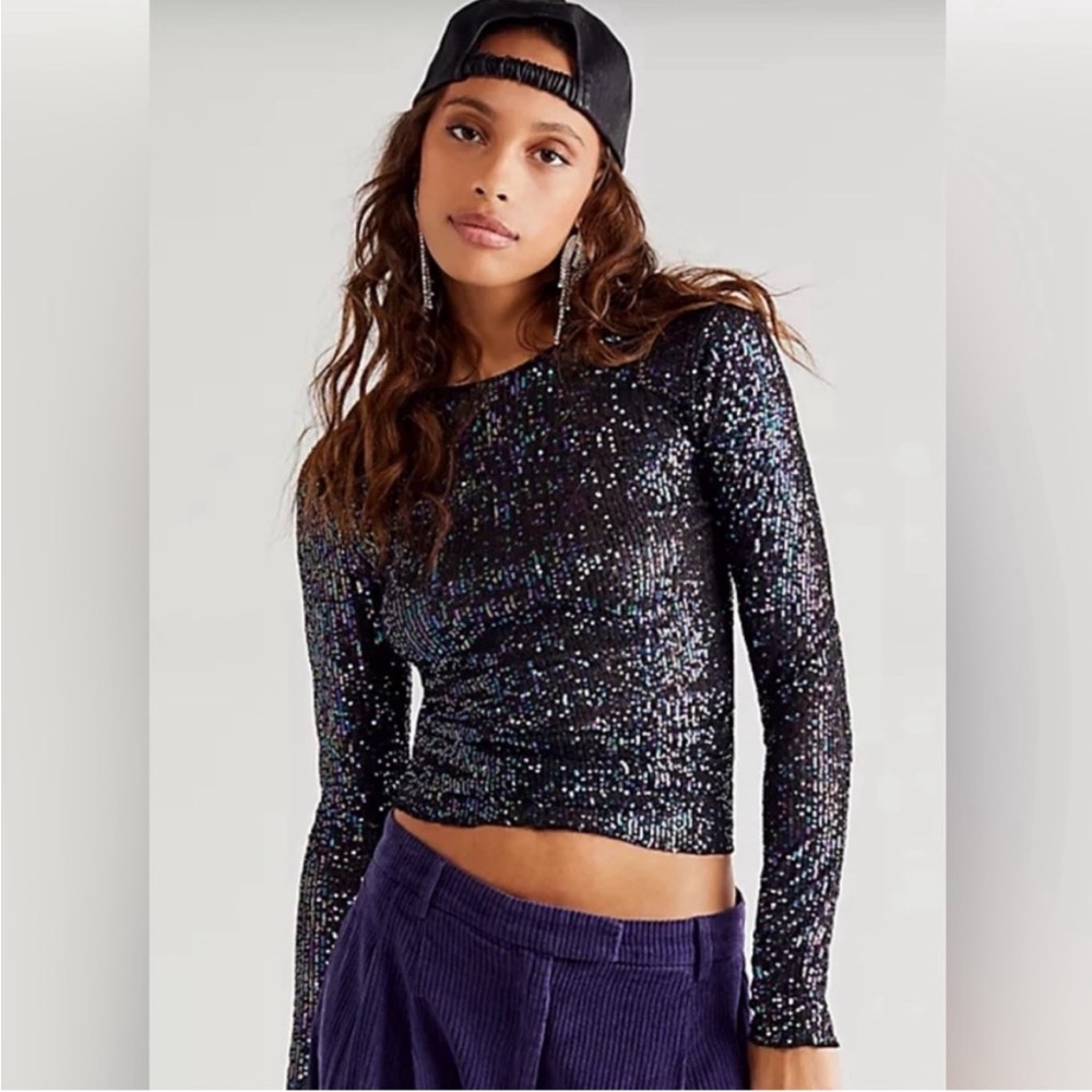 Intimately Free People Gold Rush Sequin Black Long Sleeve Tee Multi‎ Colored